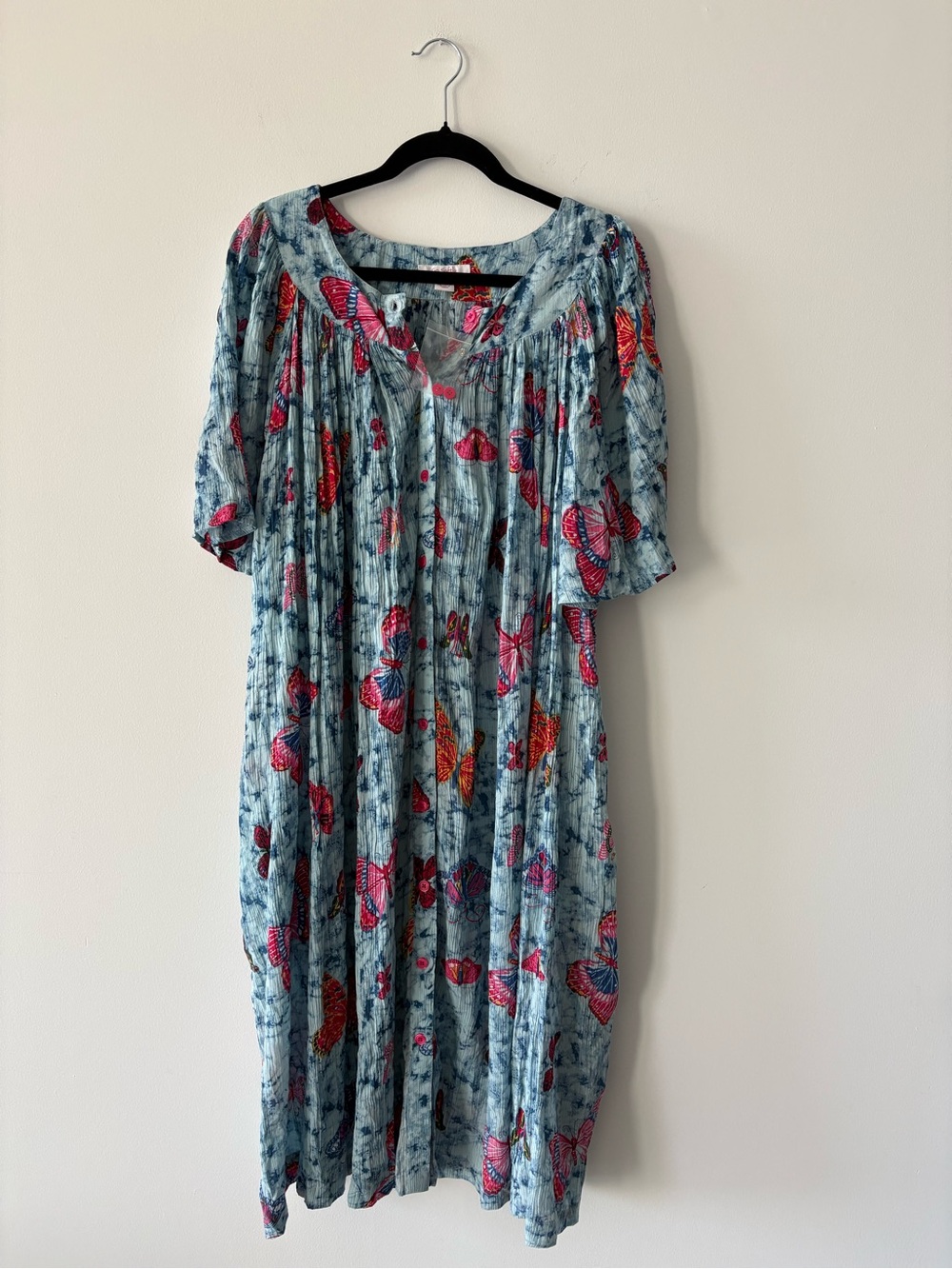 Go Softly Patio House/Lounge Mumu Dress Blue and Pink Butterflies 100% Rayon L
